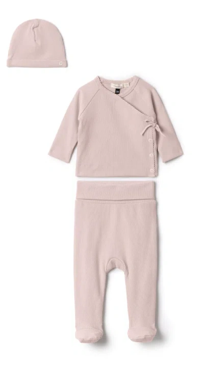 Fragile Babies'  Girl Ribbed Wrap Long Sleeve Top, Leggings And Hat Set In Pink