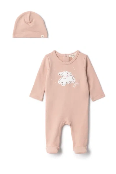 Fragile Babies'  Girl Sheep Embroidered Romper With Matching Hat In Pink
