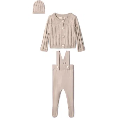 Fragile Babies'  High Waist Knit 3 Piece Set Overall, Cardigan And Hat In Neutral