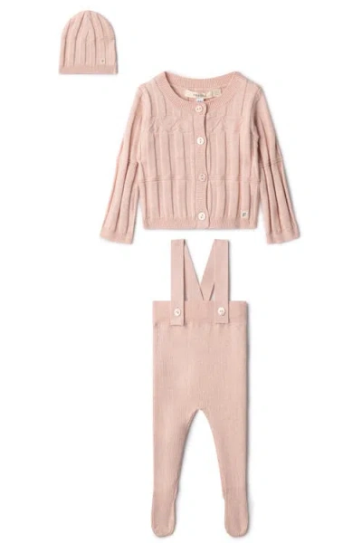 Fragile Babies'  High Waist Knit 3 Piece Set Overall, Cardigan And Hat In Pink