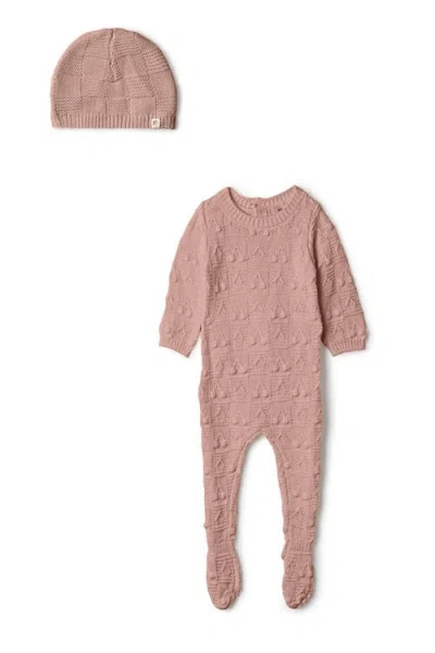 Fragile Babies'  Knit Textured Romper And Matching Hat In Pink
