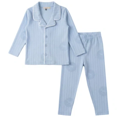 Fragile Lapel Pajama Set, Collared Button Up Top And Elastic Waist Pants In Blue