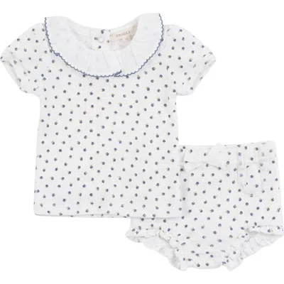 Fragile Babies'  Pointelle With Flower Print Short Set With Ruffle Collar Top In White