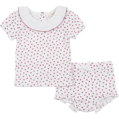 Fragile Babies'  Pointelle With Flower Print Short Set With Ruffle Collar Top In White