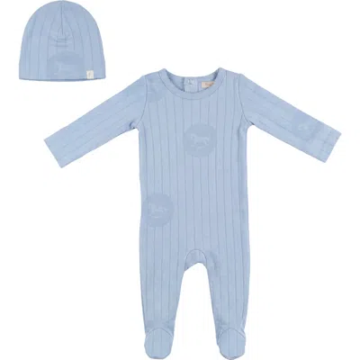 Fragile Kids'  Romper 1x1 Rib Striped Horse Print With Matching Hat In Blue