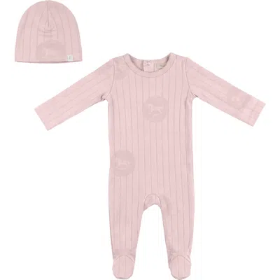 Fragile Kids'  Romper 1x1 Rib Striped Horse Print With Matching Hat In Pink