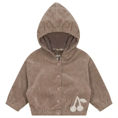 Fragile Velour Hooded Cardigan With Cherry Hook Stitch In Brown