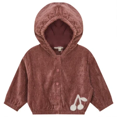 Fragile Velour Hooded Cardigan With Cherry Hook Stitch In Brown
