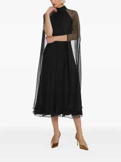 Framboise Belona Cape-detail Pleated Silk Midi Dress In Black