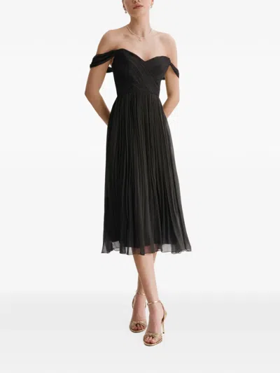 Framboise Canneline Off-shoulder Pleated Midi Dress In Black
