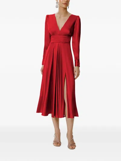 Framboise Satin-finish Side-slit Midi Dress In Red