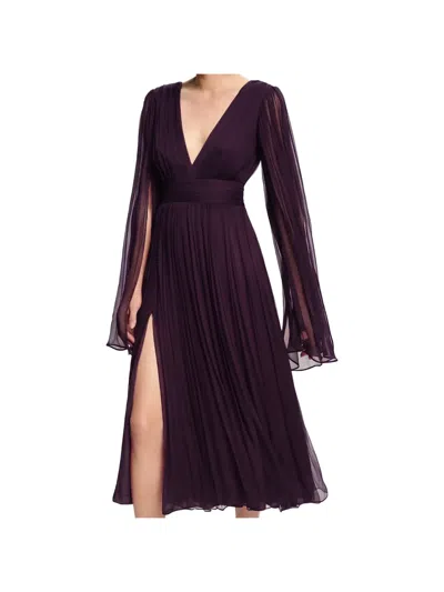 Framboise V-neck Pleated Silk Midi Dress In Purple