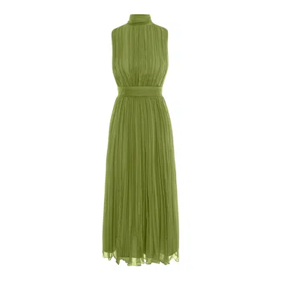 Framboise Women's Carmine Elegant Silk Ocher Green Midi Dress