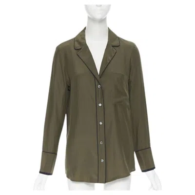 Pre-owned Frame 100% Silk Forest Green Black Piping Casual Pyjama Shirt Xs