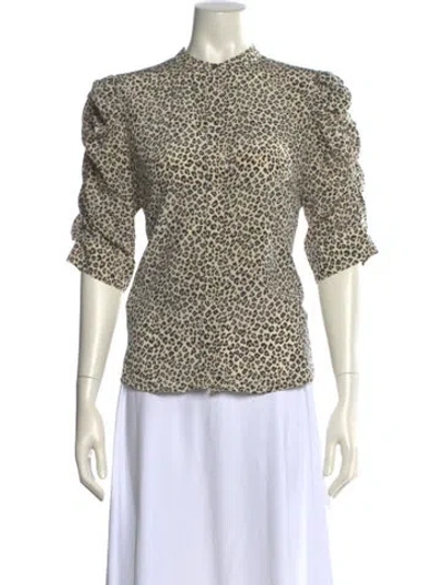 Pre-owned Frame Animal Print Mock Neck Blouse In Neutral