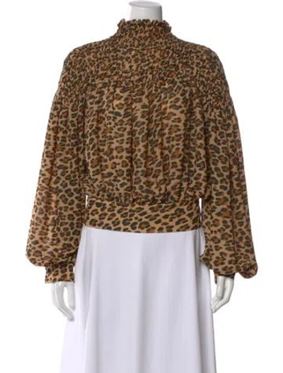 Pre-owned Frame Animal Print Mock Neck Blouse In Neutral