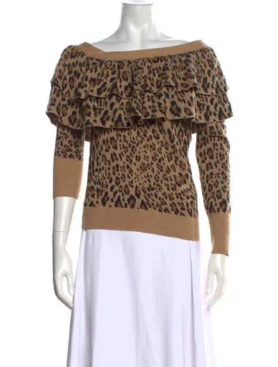 Pre-owned Frame Animal Print Off-the-shoulder Sweater In Brown