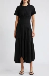 Frame Gathered Seam Short Sleeve Dress In Black In Black