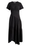 Frame Gathered Seam Short Sleeve Dress In Black In Black