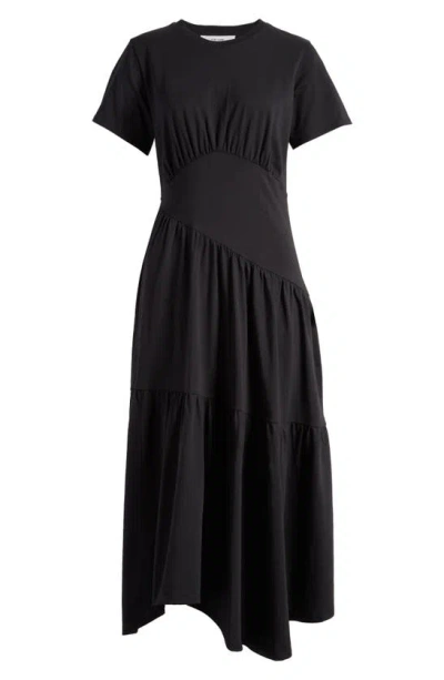 Frame Gathered Seam Short Sleeve Dress In Black