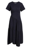 Frame Gathered Seam Short Sleeve Dress In Black In Navy