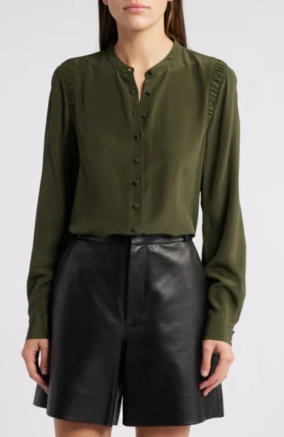 Frame Band Collar Silk Button-up Shirt In Military Green