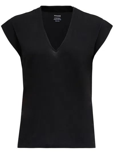 Frame Black Cotton V-neck T-shirt In Blue