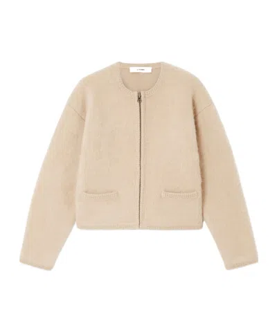 Frame Brushed Crew Neck Cardigan In Neutral