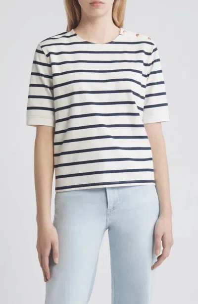 Frame Button Detail Tee Top In Navy In White