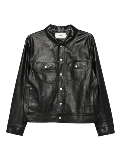 Frame Button-fastening Leather Jacket In Black
