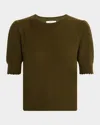 Frame Puff Sleeve Pointelle Cashmere Sweater In Military Green