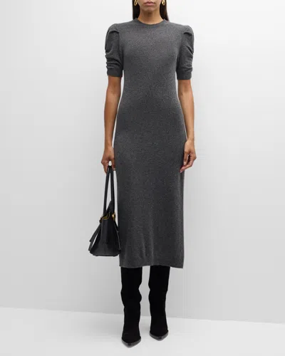 Frame Cashmere Ruched-sleeve Dress In Dark Gris Heather