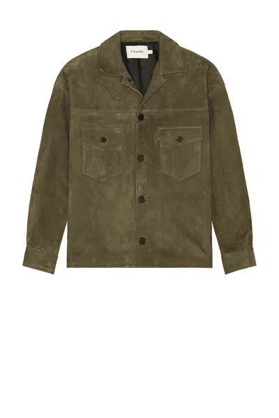 Frame Clean Suede Jacket In Dark Olive