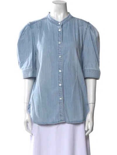 Pre-owned Frame Crew Neck Three-quarter Sleeve Button-up Top In Blue