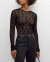 Frame Crewneck Mesh Lace Tee In Black