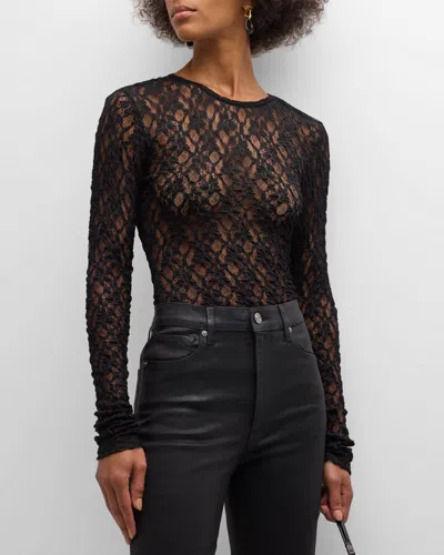 Frame Crewneck Mesh Lace Tee In Black