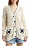 Frame Crochet Open Stitch Cardigan In Cream/navy