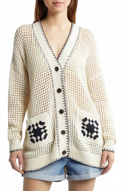 Frame Crochet Open Stitch Cardigan In Cream/navy