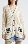 Frame Womens Navy Multi Crochet Pocket V-neck Cotton-blend Cardigan In Cream/ Navy