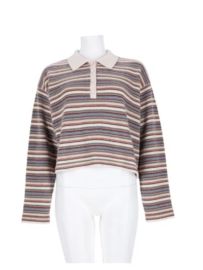 Frame Cropped Knit Sweater With Horizontal Stripes And Contrast Collar In Multi