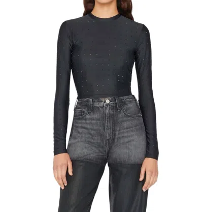 Frame Cropped Long Sleeve Rhinestone Top In Noir In Black