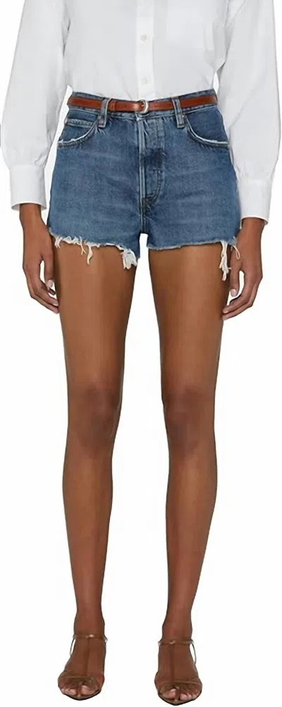 Frame Dare Short Frayed Hem Jean Shorts In Habit In Blue