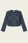Frame Womens Indigo Boxy-fit Round-neck Cotton-tweed Jacket Xl In Blue