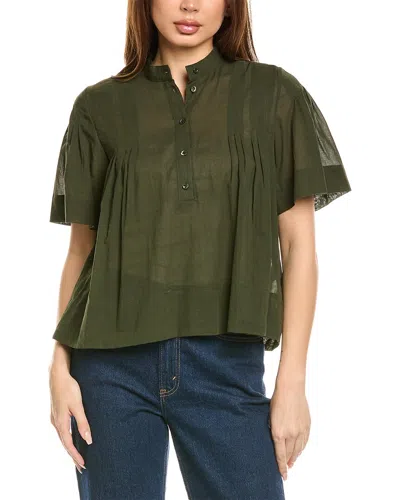Frame Denim Pleated Blouse In Green