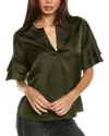 Frame Tiered Short-sleeve Satin Blouse In Green