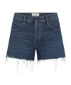 Frame The Long Hang Frayed Denim Shorts In Blue