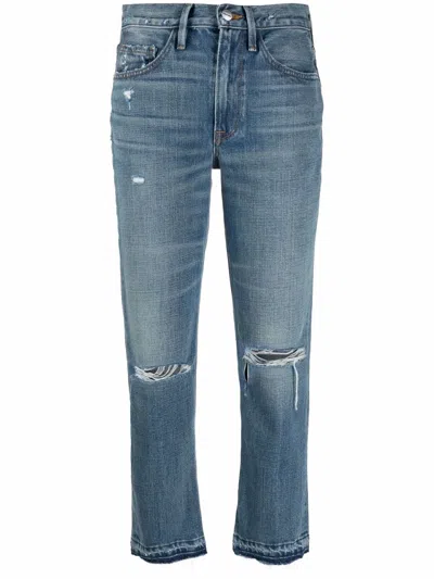 Frame Distressed Mid-rise Cropped Jeans In 蓝色