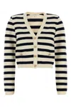 Frame Embroidered V Neck Striped Knit Cardigan In Black