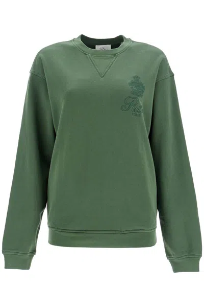 Frame 'privacy Please' Green Crewneck T-shirt With Tonal Logo Embroidery On The Front In Cotton Blend Woma