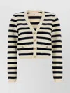 Frame Embroidered V Neck Striped Knit Cardigan